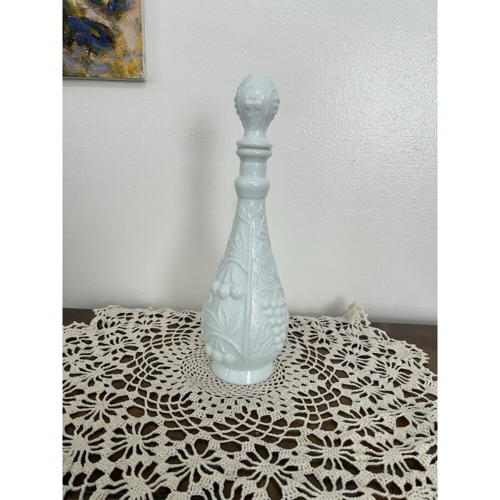 1960s Cherries and Grapes Milk Glass Decanter, Genie Bottle, With Green Hue